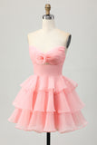 Cute Blush A-Line Strapless Cut Out Tiered Short Homecoming Dress