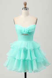 Cute A-line Strapless Cut Out Tiered Green Short Homecoming Dress