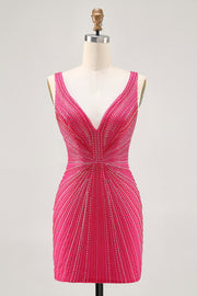 Fuchsia V-Neck Beaded Bodycon Short Homecoming Dress