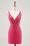 Fuchsia V-Neck Beaded Bodycon Short Homecoming Dress