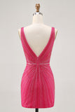 Fuchsia V Neck Bodycon Beaded Homecoming Dress