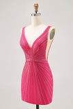 Fuchsia V-Neck Beaded Bodycon Short Homecoming Dress