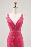 Fuchsia V-Neck Beaded Bodycon Short Homecoming Dress