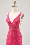 Fuchsia V-Neck Beaded Bodycon Short Homecoming Dress