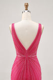 Fuchsia V-Neck Beaded Bodycon Short Homecoming Dress