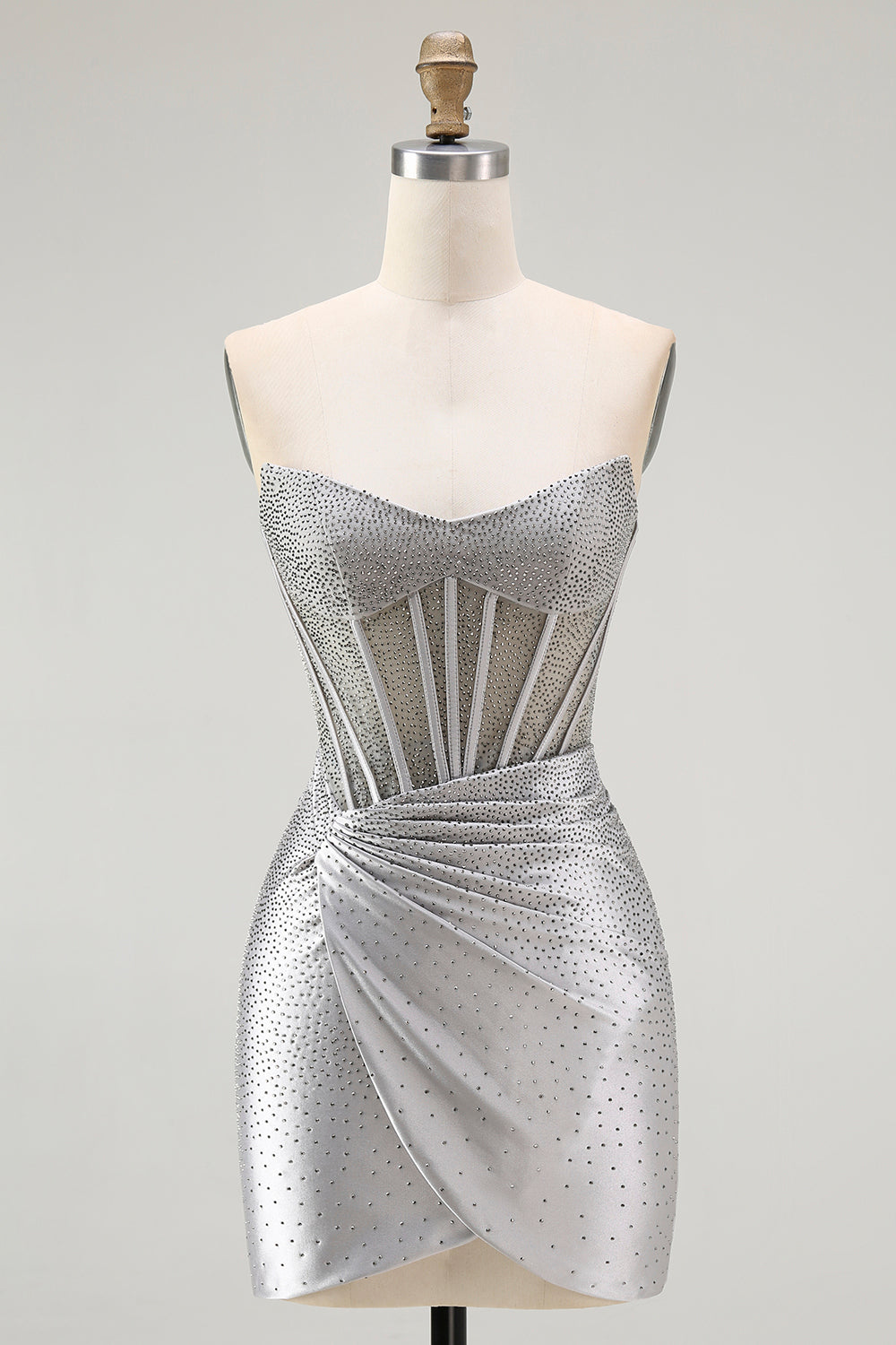 Zapaka Women Grey Silver Homecoming Dress Beaded Corset Strapless Ruched  Bodycon Short Cocktail Dress  ZAPAKA
