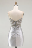 Grey Silver Strapless Corset Ruched Homecoming Dress with Beading