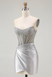Grey Silver Strapless Corset Ruched Short Homecoming Dress with Beading