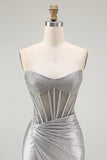 Grey Silver Strapless Corset Ruched Short Homecoming Dress with Beading