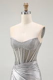 Grey Silver Strapless Corset Ruched Short Homecoming Dress with Beading