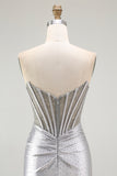 Grey Silver Strapless Corset Ruched Short Homecoming Dress with Beading