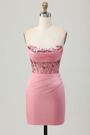 Strapless Blush Corset Sequins Bodycon Homecoming Dress