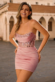 Blush Strapless Corset Short Bodycon Homecoming Dress with Sequins