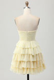 Cute Light Yellow Strapless Tiered A Line Homecoming Dress with Bow