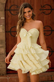 Cute Light Yellow Strapless Tiered A Line Homecoming Dress with Bow