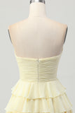 Yellow Strapless A Line Tiered Homecoming Dress with Bow