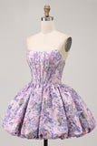 Purple Strapless Brocade A-Line Corset Mini Homecoming Dress with Bubble-Hem