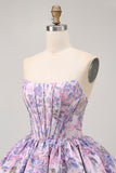 Purple Strapless Brocade A-Line Corset Mini Homecoming Dress with Bubble-Hem