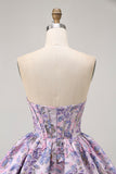 Purple Strapless Brocade A-Line Corset Mini Homecoming Dress with Bubble-Hem