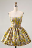 Purple Strapless Brocade A-Line Corset Mini Homecoming Dress with Bubble-Hem