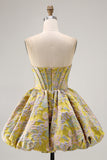 Purple Strapless Brocade A-Line Corset Mini Homecoming Dress with Bubble-Hem