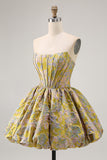 Purple Strapless Brocade A-Line Corset Mini Homecoming Dress with Bubble-Hem