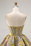 Purple Strapless Brocade A-Line Corset Mini Homecoming Dress with Bubble-Hem