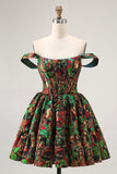 Off The Shoulder Dark Green Brocade Floral A Line Printed Homecoming Dress