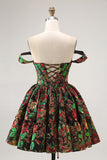 Off The Shoulder Dark Green Brocade Floral A Line Printed Homecoming Dress
