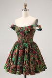 Off The Shoulder Dark Green Brocade Floral A Line Printed Homecoming Dress