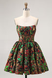 Off The Shoulder Dark Green Brocade Floral A Line Printed Homecoming Dress
