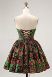 Off The Shoulder Dark Green Brocade Floral A Line Printed Homecoming Dress