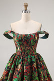 Off The Shoulder Dark Green Brocade Floral A Line Printed Homecoming Dress