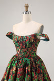 Off The Shoulder Dark Green Brocade Floral A Line Printed Homecoming Dress