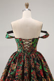 Off The Shoulder Dark Green Brocade Floral A Line Printed Homecoming Dress