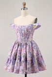 Off The Shoulder Dark Green Brocade Floral A Line Printed Homecoming Dress