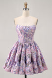 Off The Shoulder Dark Green Brocade Floral A Line Printed Homecoming Dress