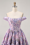 Off The Shoulder Dark Green Brocade Floral A Line Printed Homecoming Dress