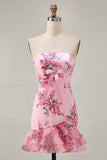 Pink Floral Bodycon Strapless Printed Short Homecoming Dress with Ruffles