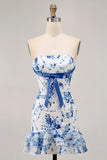 Pink Floral Bodycon Strapless Printed Short Homecoming Dress with Ruffles