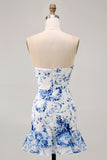 Pink Floral Bodycon Strapless Printed Short Homecoming Dress with Ruffles