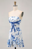 Pink Floral Bodycon Strapless Printed Short Homecoming Dress with Ruffles
