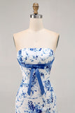 Pink Floral Bodycon Strapless Printed Short Homecoming Dress with Ruffles