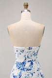Pink Floral Bodycon Strapless Printed Short Homecoming Dress with Ruffles