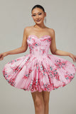 Strapless White Blue Flower A-Line Printed Homecoming Dress with Beading