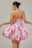 Strapless White Blue Flower A-Line Printed Homecoming Dress with Beading