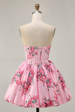 Pink Flower A-Line Strapless Printed Homecoming Dress with Beading