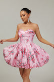 Strapless White Blue Flower A-Line Printed Homecoming Dress with Beading