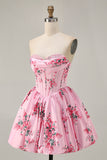 Pink Flower A-Line Strapless Printed Homecoming Dress with Beading