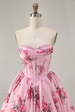Pink Flower A-Line Strapless Printed Homecoming Dress with Beading